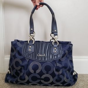 COACH Ashley Dotted Op Art Signature Satchel Navy and Silver